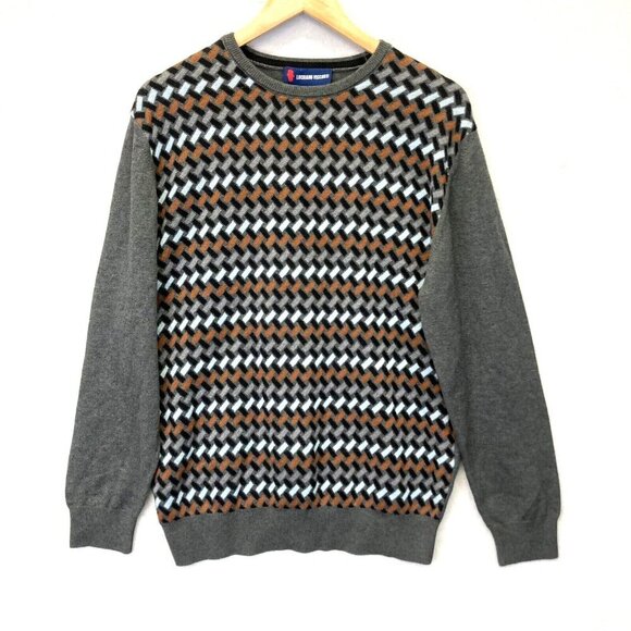 Luchiano Visconti Lattice Sweater Mens Large Crew Geometric Retro Gray Orange - Picture 1 of 13